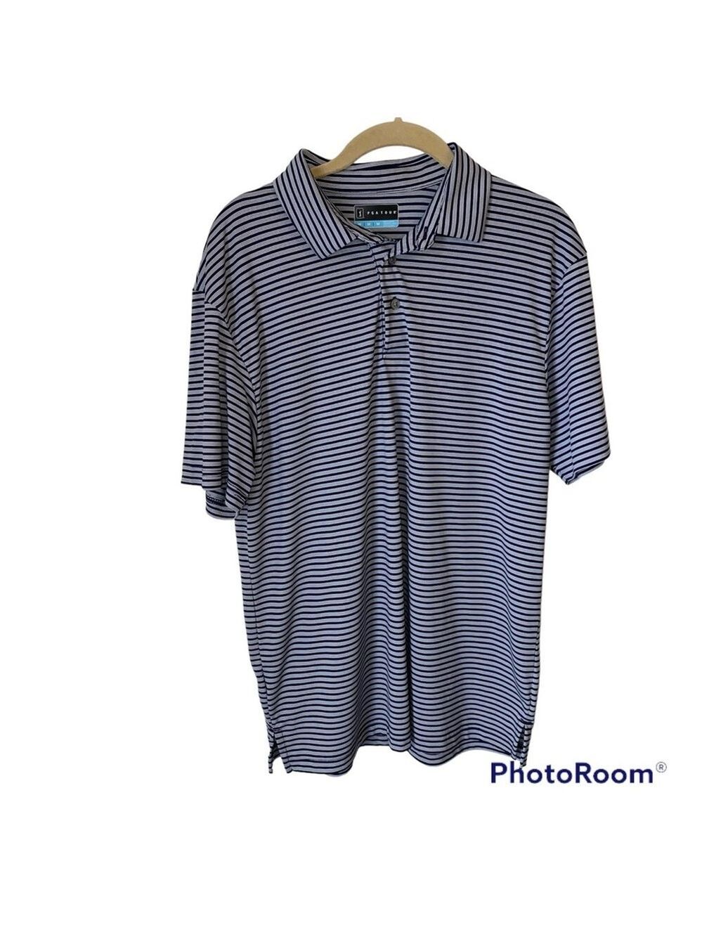 Men’s PGA Tour Navy Striped Short Sleeve Golf Polo With Embroidered Logo Size M